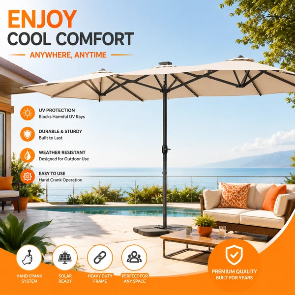 Revoltrex Clouddome shading an outdoor lounge sofa beside a swimming pool