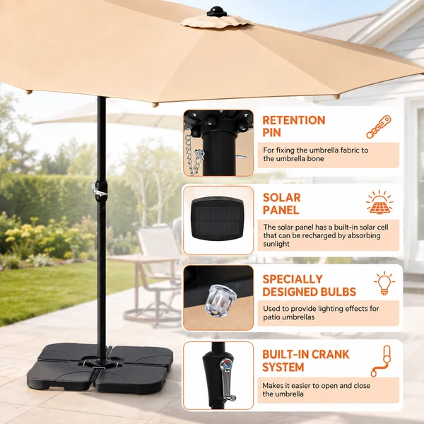 Revoltrex Clouddome details: retention pin, solar panel, LED bulbs and crank system